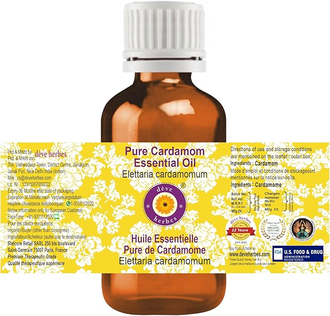 Deve Herbes Pure Cardamom Essential Oil (Elettaria cardamomum) Steam Distilled 15ml (0.50 oz)