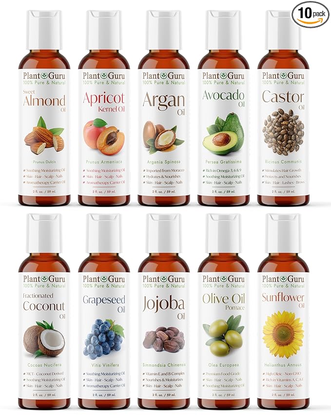 Top 10 Carrier Oil Variety Set 2 oz - Cold Pressed 100% Pure Natural, Sweet Almond, Apricot Kernel, Argan, Avocado, Castor, Fractionated Coconut, Grapeseed, Jojoba, Olive and Sunflower.