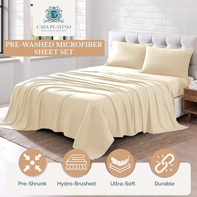 Casa Platino Sheet Sets Twin Size Bed, Hydro-Brushed Microfiber Sheets, 3 Piece Set, Pre-Washed Twin Sheet Set, Ultra Soft, Easy Care, Cozy with Deep Pockets – Ivory