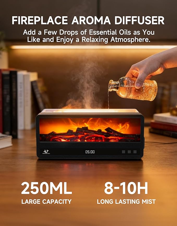 Essential Oil Diffuser, 250Ml Aromatherapy Diffuser with Realistic Flame Effect, 7 Color LED Lights, Remote Control, Quiet Mist for Bedroom Home Office (Black)