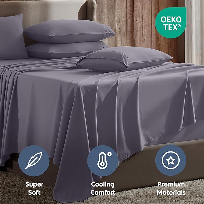 Nestl Extra Deep Twin XL Sheet Set - 4 Piece Breathable & Cooling Sheets - Hotel Luxury Bedding Set w/18-24 Inch Deep Pockets - Easy & Secure Fit - Super Soft, Wrinkle Free & Comfy - Grayish Purple