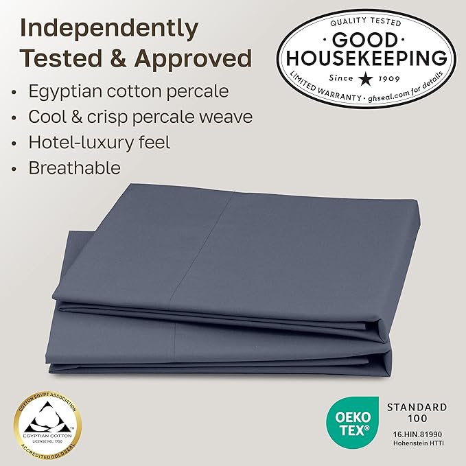 California Design Den 100% Egyptian Cotton Pillow Cases Standard/Queen Set of 2 - Crisp Percale Feel, Soft & Breathable Pillowcases Cotton - Mineral Blue (Grey Tone)