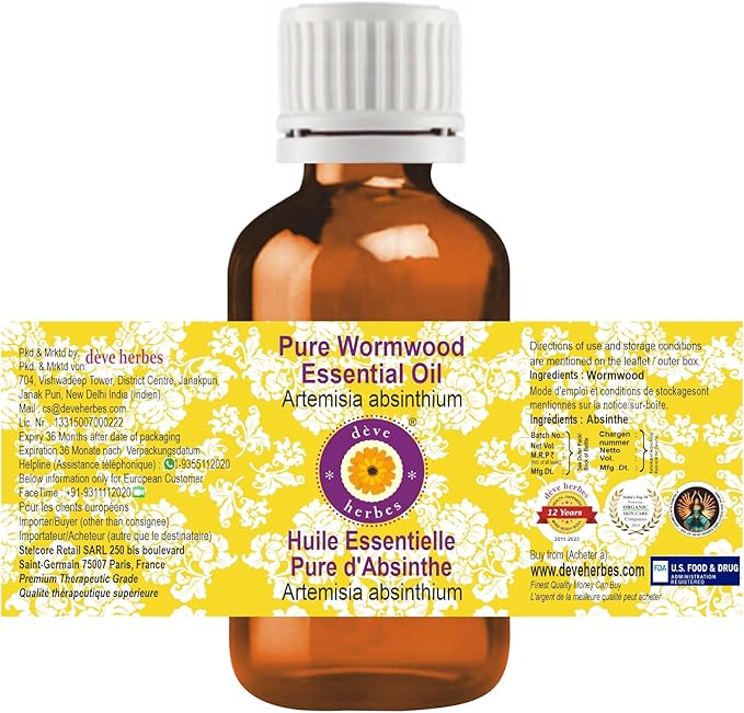 Deve Herbes Wormwood Essential Oil (Artemisia Absinthium) Pure | Non-Sticky | Non-Greasy | Lightweight | Men & Women | All Skin Types | Steam Distilled 15ml X 2 (1 oz)