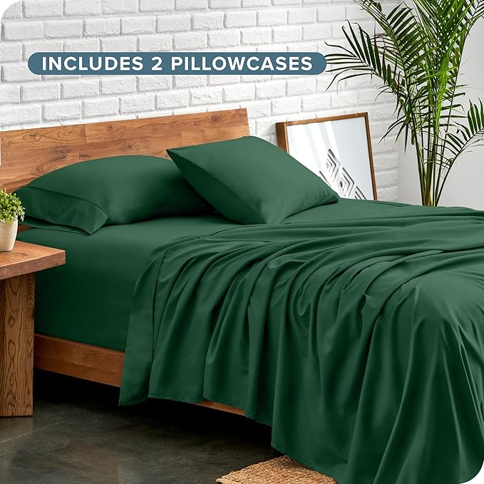 Bare Home Hotel Luxury Sheet Set, Extra Soft - 7 Piece Set - Deep Pockets - Easy Fit - Cooling & Breathable - Wrinkle, Fade, Stain Resistant - Includes 4 Pillowcases (Split Cal King, Forest Green)