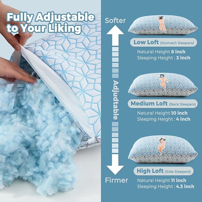 WOLKI Cooling Standard Pillows Set of 2 Memory Foam Pillows, Twin/Full Size 2 Pack Adjustable Shredded Memory Foam for Side Sleepers, Back, Stomach, Hot Sleepers (20x26)