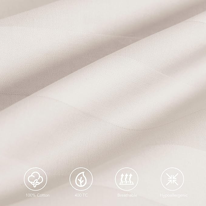 Pillow Protector Queen Size 100% Egyptian Cotton Pillow Covers, 400 Thread Count Sateen Weave Pillow Cases with Zipper Hidden, Breathable Non Noisy Easy Care, Set of 2 (Striped Light Beige)
