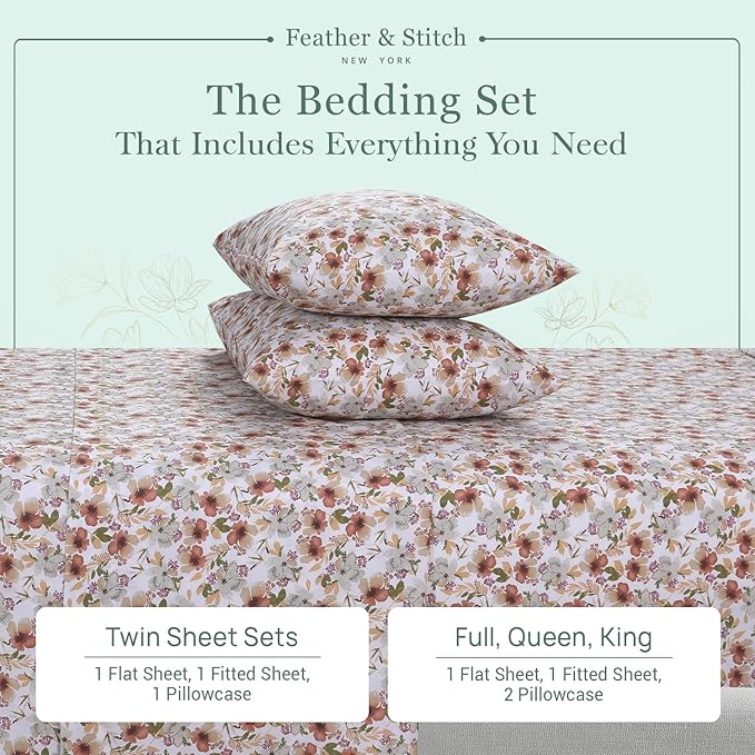 Feather & Stitch Softest 100% Cotton Sheets, 300 Thread Count Percale Weave Bedding, 16" Deep Pocket, Cooling Sheets, Breathable Bed Set, Hotel Premium Quality (Queen, Florence)