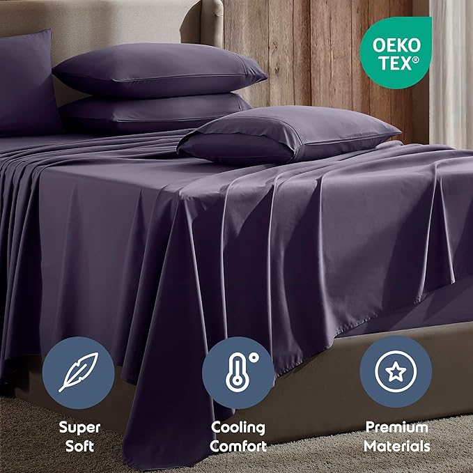 Nestl Extra Deep King Sheet Set - 6 Piece Breathable & Cooling Sheets - Hotel Luxury Bedding Set w/18-24 Inch Deep Pockets - Easy & Secure Fit - Super Soft, Wrinkle Free & Comfy - Purple