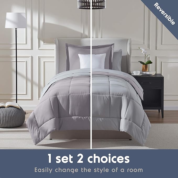 Nestl 7 Piece Twin XL Comforter Set – Grey Lavender Reversible Bed in a Bag – Complete Twin XL Size Bedding Set with Sheets, Set of 2 Cooling Pillows, Pillowcase and Sham