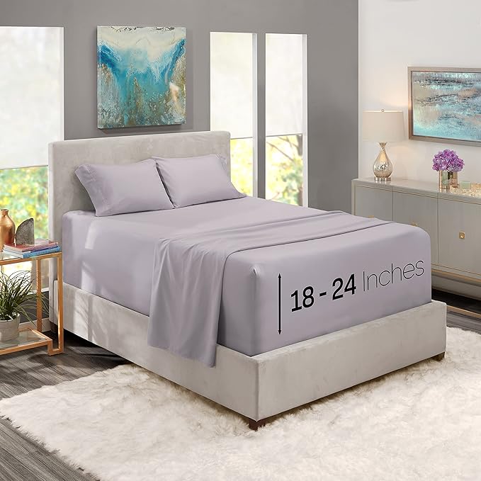 Nestl Queen Size Sheet Set, 4 Piece Extra Deep Pocket (18-24 inches), Microfiber, Cooling, Hotel Luxury, Soft, Breathable, Wrinkle-Free, Easy to Care, Grey Lavender