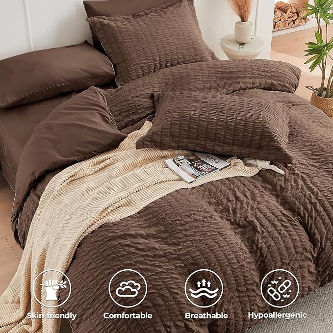 HYMOKEGE Dark Brown King Size Comforter Set Seersucker 7 Pieces, All Season Luxury Bed in a Bag for Bedroom, Bedding Set with Comforter, Sheets, Pillowcases & Shams