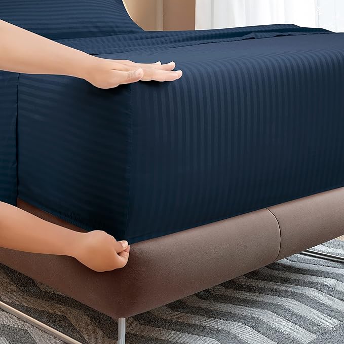 ROYALE LINENS 3 Piece Twin XL Sheets Set - Soft Brushed 1800 Microfiber - 1 Fitted, 1 Flat Sheet, 1 Pillow case - Wrinkle Free & Fade Resistant - Hotel Luxury Bed Sheets (Stripe Navy, Twin XL)