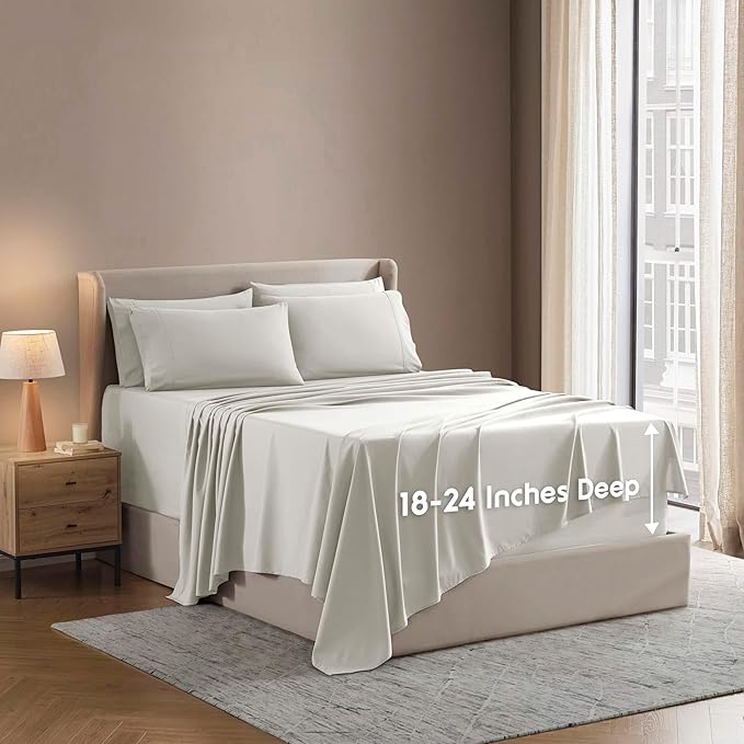 Nestl Extra Deep Full Sheet Set - 6 Piece Breathable & Cooling Sheets - Hotel Luxury Bedding Set w/18-24 Inch Deep Pockets - Easy & Secure Fit - Super Soft, Wrinkle Free & Comfy - Off White