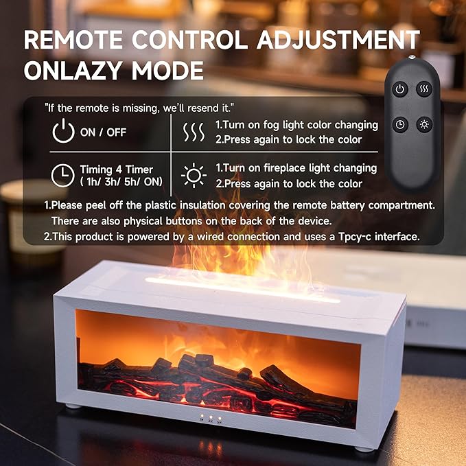 TMEHM Fireplace Flame Air Diffuser Humidifier,7 Colors Aromatherapy Essential Oil Diffuser,Ultrasonic Aroma Humidifier with Timer for Home,Bedroom,Office,Yoga (White, L)