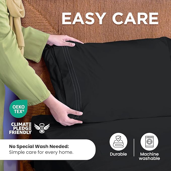 ROYALE LINENS 4 Piece King Sheets Set - Soft Brushed 1800 Microfiber Bedding - 1 Fitted and 1 Flat Sheet, 2 Pillow Cases - Wrinkle Free & Fade Resistant - Hotel Luxury Bed Sheets Set (Black, King)