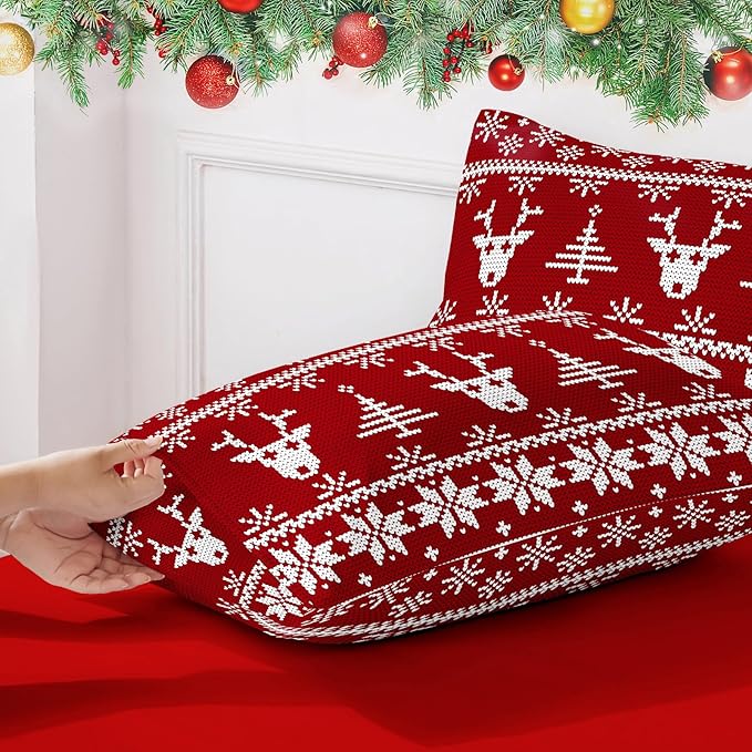 YIYEA Christmas Pillow Cases Queen Size Set of 2, Ultra Soft Double Brushed Microfiber Pillowcases Queen, Christmas Reindeer Bed Pillow Covers, Fade Resistant, Easy Slip-On (20"x30")