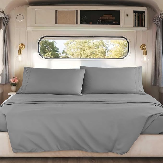 Clara Clark RV Short Queen Sheets - Hotel Luxury 6 Piece Bed Sheets for Short Queen Size Bed - Soft Bedding Sheets & Pillowcases, Fits Low Mattress up to 10 inch deep. Short Queen, Medium Grey