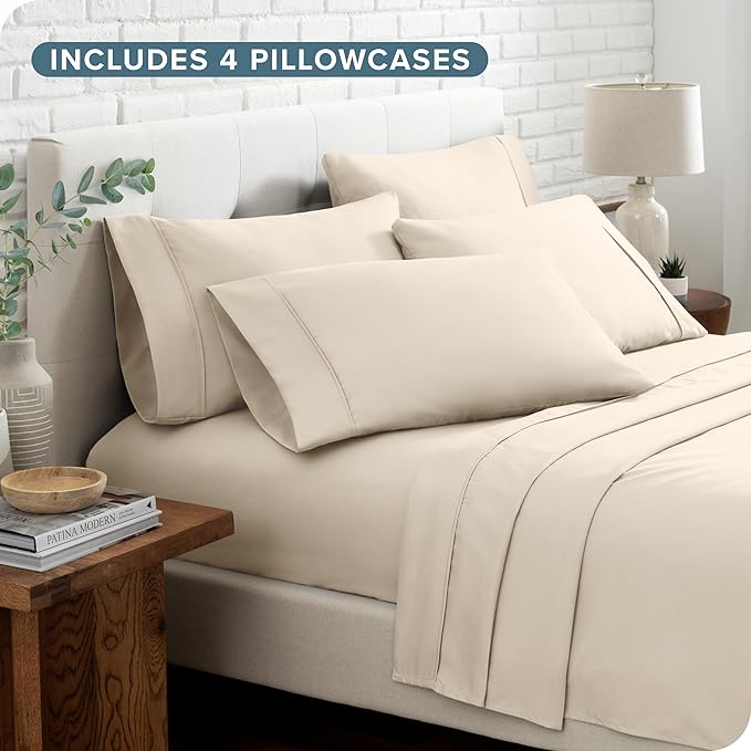 Bare Home Hotel Luxury Split Head Flex King Sheet Set, Extra Soft, Deep Pockets, Easy Fit, Cooling & Breathable, Wrinkle, Fade, Stain Resistant, with 4 Pillowcases (Split Head Flex King, Sand)