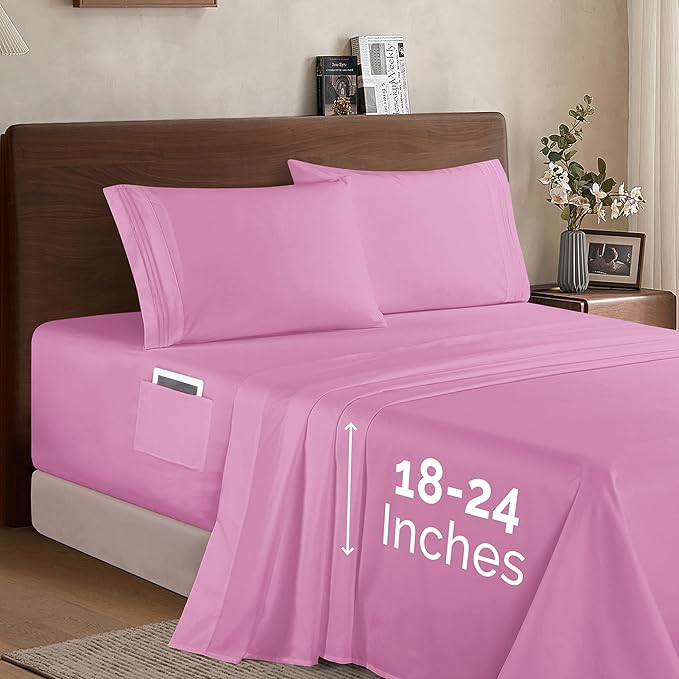 Elegant Comfort Luxury 1500 Premium Hotel Quality Microfiber 4-Piece Sheet Set- Soft, All Around Elastic 18-24 Inches Deep Fitted Sheet - Extra Deep Pocket Sheets, Queen, Light Pink