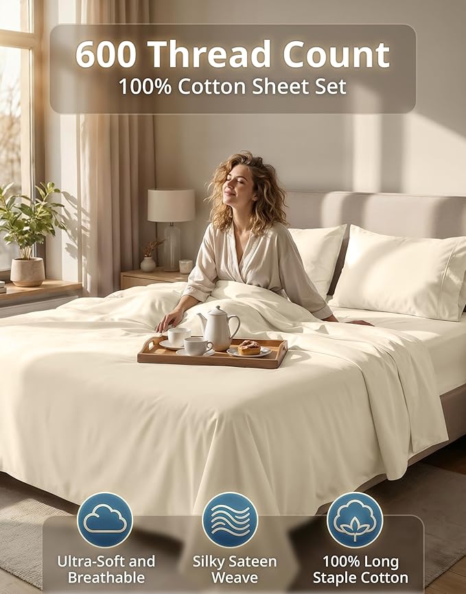 LANE LINEN Cal King Bed Sheets - 600 Thread Count Sateen Weave - Extra Thick & Comfy Cotton Sheets for Hotel Quality Softness - Securely Fits Mattress Upto 15'' Deep - Oeko Tex Certified - Ivory