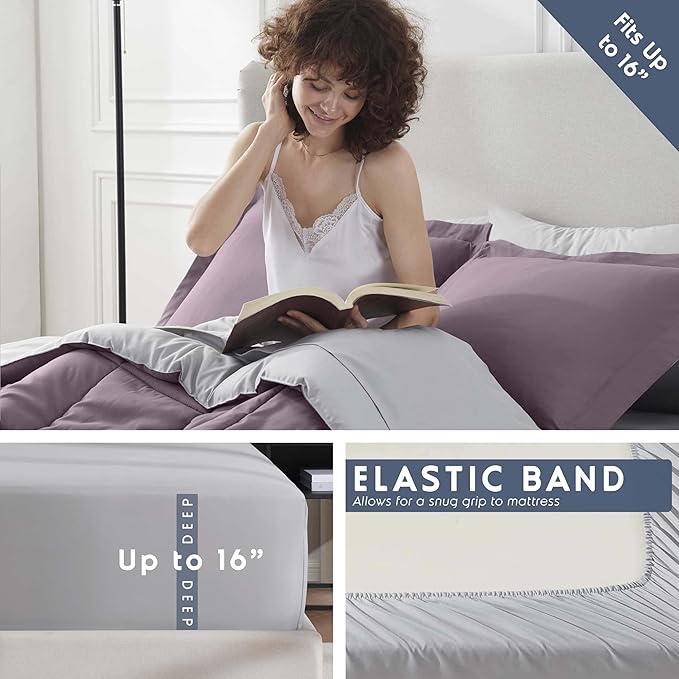 Nestl 9 Piece California King Comforter Set – Dusty Purple Reversible Bed in a Bag – Complete Cal King Size Bedding Set with Sheets, Set of 2 Cooling Pillows, Pillowcases and Shams