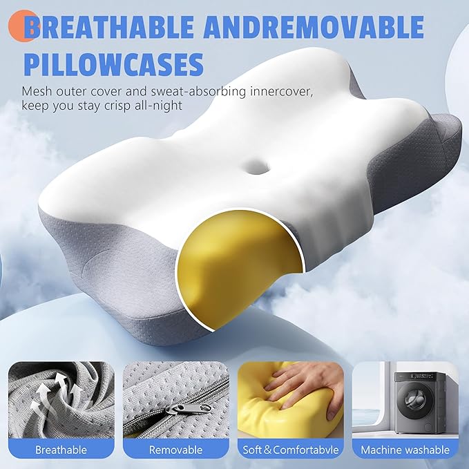 ICSSSSY Cervical Pillow for Neck and Shoulder Pain Relief, Contoured Memory Foam Pillow for Side and Back Sleepers with Removable Pillowcase