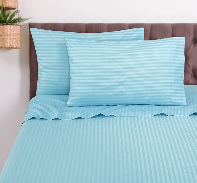ROYALE LINENS 3 Piece Twin Sheets Set - Soft Brushed 1800 Microfiber - 1 Fitted, 1 Flat Sheet, 1 Pillow case - Wrinkle Free & Fade Resistant - Hotel Luxury Bed Sheets (Stripe Lake Blue, Twin)