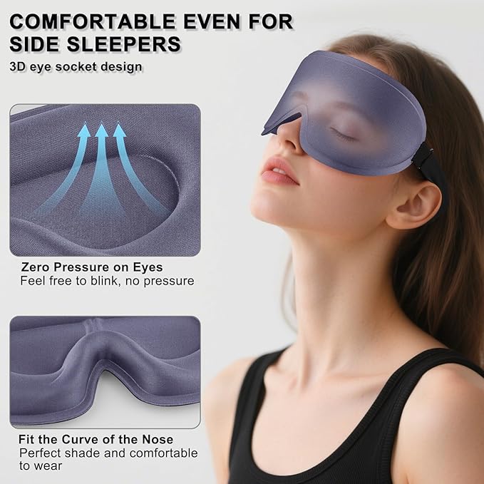 2 Pack Sleep Mask for Side Sleeper, Complete Light Blocking 3D Sleeping Eye Mask, Soft Breathable Eye Cover for Women Men, Travel, Nap, Relaxing Zero Pressure Night Blindfold (Black+Blue Grey)