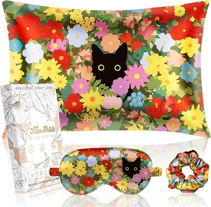 Miss Adola 1Pack Mulberry Silk Pillow Case for Hair and Skin Standard 26"x20" Silk Pillowcase with Eye Mask & Scrunchie Soft Silk Pillowcase Sleeping for Women, Wife, Female - Cat Flower