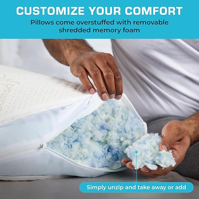 GREENGUARD Certified Standard Bed Pillows for Sleeping (2 Pack) | Adjustable Shredded Memory Foam Pillows with Removable Cooling Cover | Fluffy Pillows Support for Side, Back & Stomach Sleeper