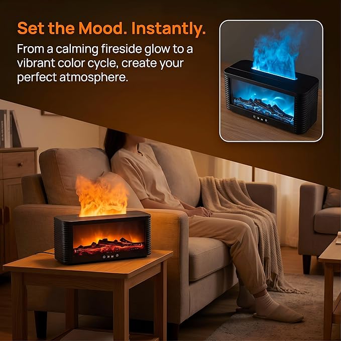 Flame Aroma Diffuser, 250ml Cool Mist Humidifier with Simulated Fireplace, 9 Color LED, 3H/6H Timer, Auto-Off, Black