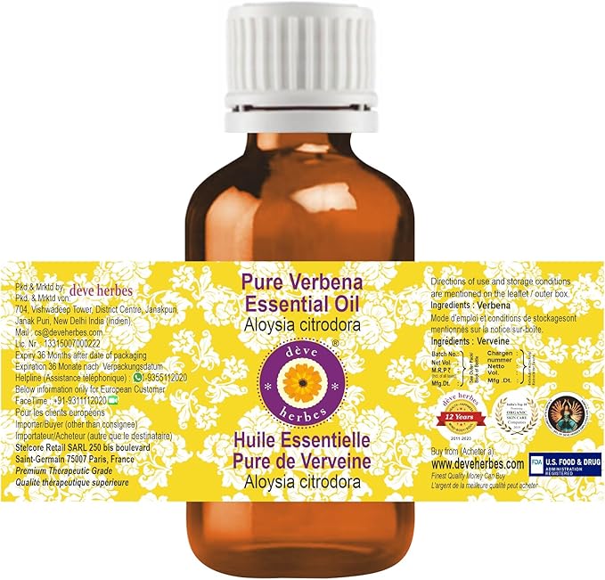 Deve Herbes Pure Verbena Essential Oil (Aloysia citrodora) Steam Distilled 100ml (3.38 oz)