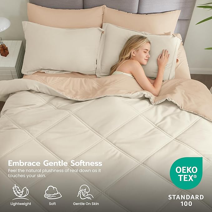Joiedomi Queen Comforter Set with Sheets Beige, 7 Pieces Queen Bed Set with 1 Down Alternative Comforter, 1 Flat Sheet, 1 Fitted Sheet, 2 Pillowcases and 2 Pillow Shams, Bed in a Bag for All Seasons