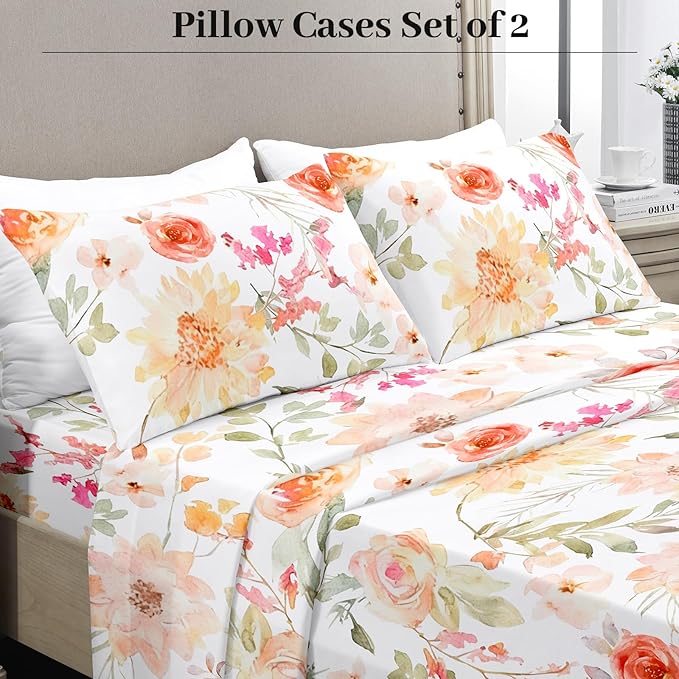 YIYEA Pillow Cases Queen Size Set of 2, Ultra Soft Double Brushed Microfiber Pillowcases Queen, Floral Bed Pillow Covers, Fade Resistant, Easy Slip-On (20"x30")