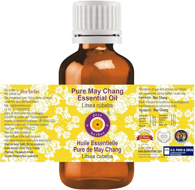 dève herbes May Chang Essential Oil (Litsea cubeba) Pure | Non-Sticky | Non-Greasy | Lightweight | Men & Women | All Skin Types | Steam Distilled 30ml (1 oz)
