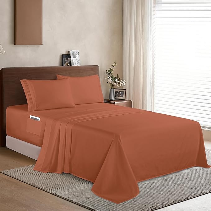 Elegant Comfort Luxury 1500 Premium Hotel Quality Microfiber 4-Piece Sheet Set - Soft, All Around Elastic 18-24 Inches Deep Fitted Sheet - Extra Deep Pocket Sheets, Full, Coral