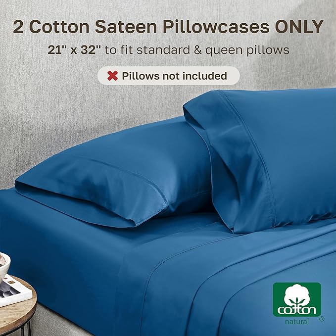 California Design Den Standard/Queen Pillow Cases Set of 2-400 Thread Count Sateen, Natural 100% Cotton Pillowcases Standard, Soft, Roomy and Breathable - Cobalt Blue