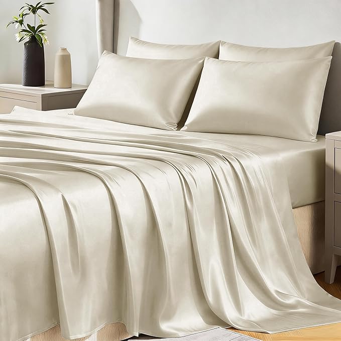 CozyLux Satin Sheets Queen Size Bed Set - 6 Piece Silky Queen Sheet Set, Luxury Beige Queen Sheets with Smooth and Soft Microfiber, Includes 1 Fitted Sheet, 1 Flat Sheet and 4 Pillowcases
