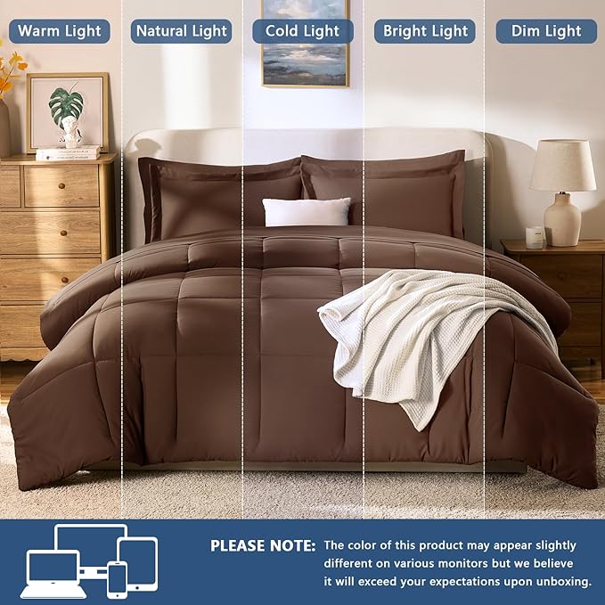 CozyLux Oversized Queen Comforter Sets Brown, 7 Pieces Bed in a Bag, 98x98 Box Stitched Design Bedding Set, All Season Soft Bed Set with Down Alternative Comforter, Sheets, Pillowcases & Shams