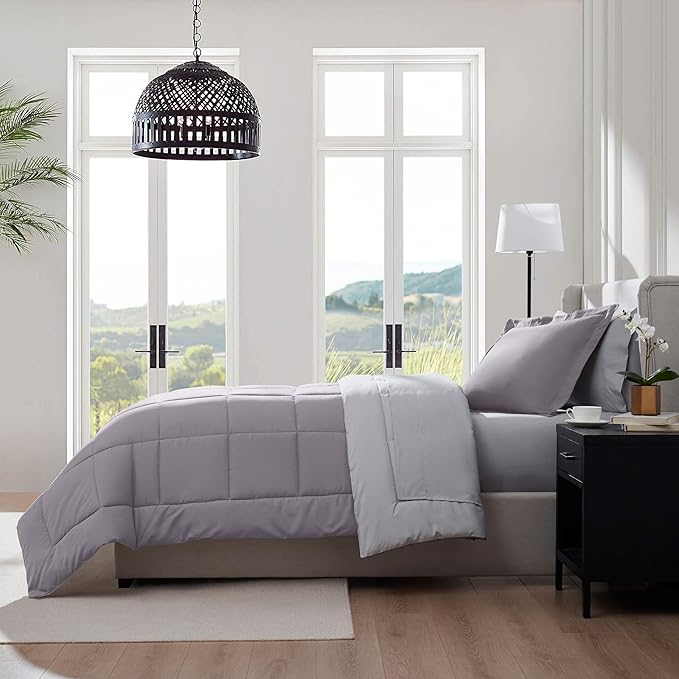 Nestl 7 Piece Twin Comforter Set – Grey Lavender Reversible Bed in a Bag – Complete Twin Size Bedding Set with Sheets, Set of 2 Down Alternative Pillows, Pillowcase and Sham