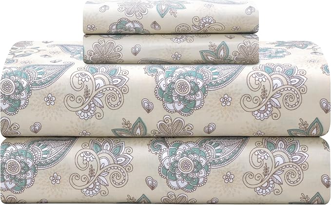 Feather & Stitch Softest 100% Cotton Sheets, 300 Thread Count Percale Weave Bedding, 16" Deep Pocket, Cooling Sheets, Breathable Bed Set, Hotel Premium Quality (King, Beige Paisley)