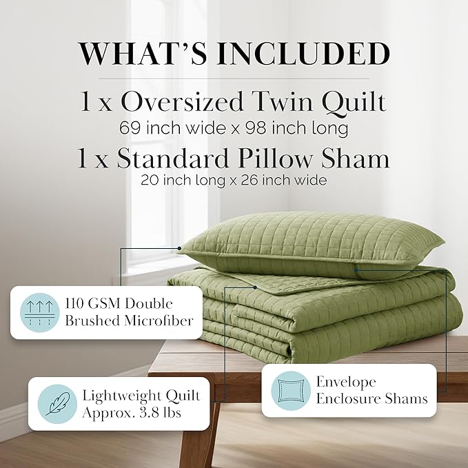 Southshore Fine Living, Inc. Twin XL Comforter Quilt Set, Dorm Room Bedding Essentials, Stain Resistant, Machine Washable Bed Spread, Twin XL Green Quilt Bedspread Set w/Pillow Sham, Sage Green