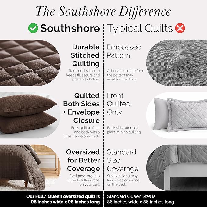 Southshore Fine Living, Inc. Full/Queen Quilt Bedding Set, Comfy Microfiber Coverlet, Queen Size Bedspread, Pet Hair Resistant Bedding, Full Size Bedspread w/2 Shams, Chocolate Brown Quilt