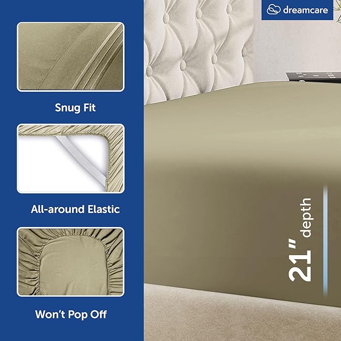 DREAMCARE Queen Sheet Set – 4 pcs Cooling Sheets – up to 21” Deep Pocket Queen Sheets – Hotel Luxury Sheets & Pillowcases – Superior Softness 100% Fine Microfiber with Side Pocket, Eucalyptus