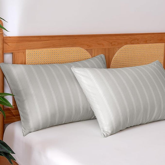 Amazon Basics Stripe Cooling Pillow Cases for Hot Sleepers, Soft Cooling Pillow Covers with Envelope Closure, 20" x 30", Queen, Gray, Pack of 2