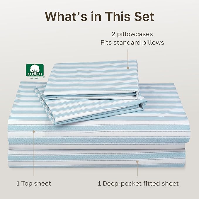 California Design Den Soft 100% Cotton Sheets Full Size Set, 400 TC Good Housekeeping Award Winner, Smooth Sateen Finish with Deep Pockets, Cozy and Durable Cotton Bedding Set - Cape Stripe Blue