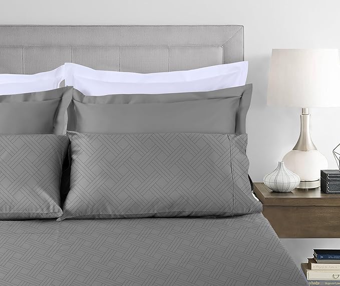 Threadmill Home Linen Luxury Queen Pillowcases - 800 Thread Count Jacquard Damask, 100% Pure Cotton 2 Pc Striped Pillow Cover Set, ELS, Silky Soft Celine Dark Grey Pillow Protectors