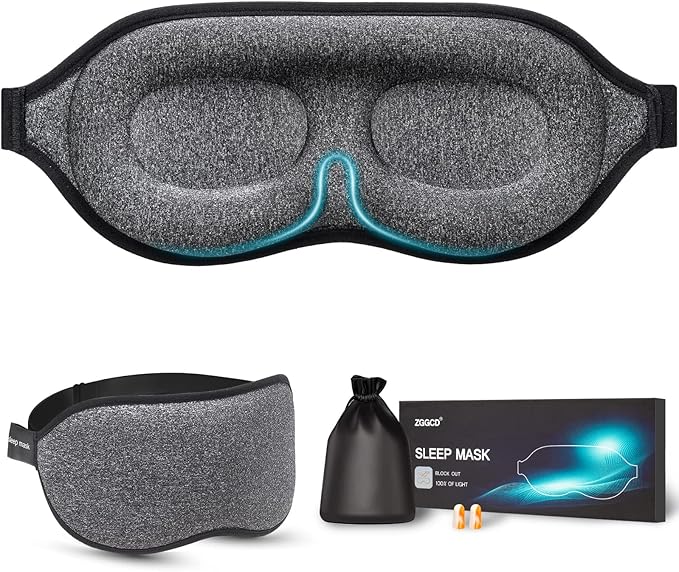 ZGGCD Sleep Mask, 100% Blackout Sleeping Mask for Side Sleeper, 3D Contoured Eye Mask for Women Men, Night Blindfold with Adjustable Strap, Soft Comfortable Eye Cover with Travel Pouch and Earplugs