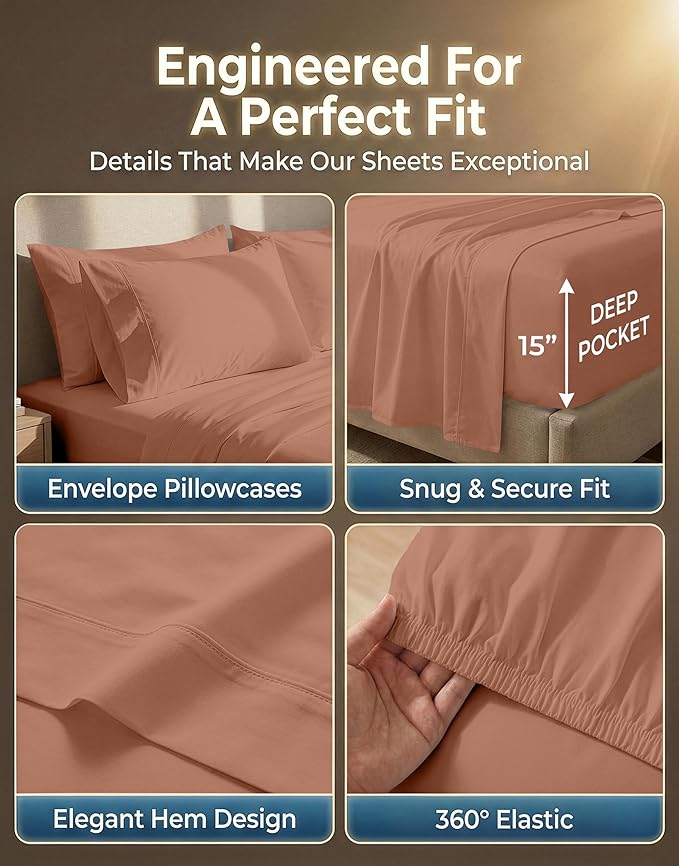 LANE LINEN 100% Cotton Sheets Twin Size - 600 Thread Count Sateen Weave Hotel Quality Luxury for Guest Rooms - 15'' Deep Pocket for Snug Fit to Your Mattress - Terracotta Blush