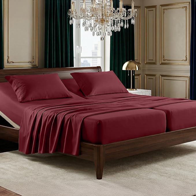 Elegant Comfort Luxurious 1500 Premium Hotel Quality Microfiber Three Line Embroidered Softest 5-Piece Bed Sheet Set, Wrinkle and Fade Resistant, Split King, Burgundy